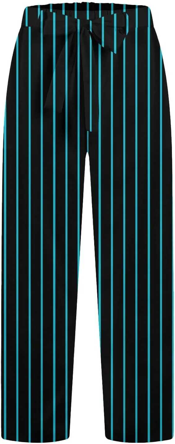 Women's Vintage Striped Print Wide Leg Palazzo Pants with Pockets Vintage Drawstring Straight Leg Lounge Trousers