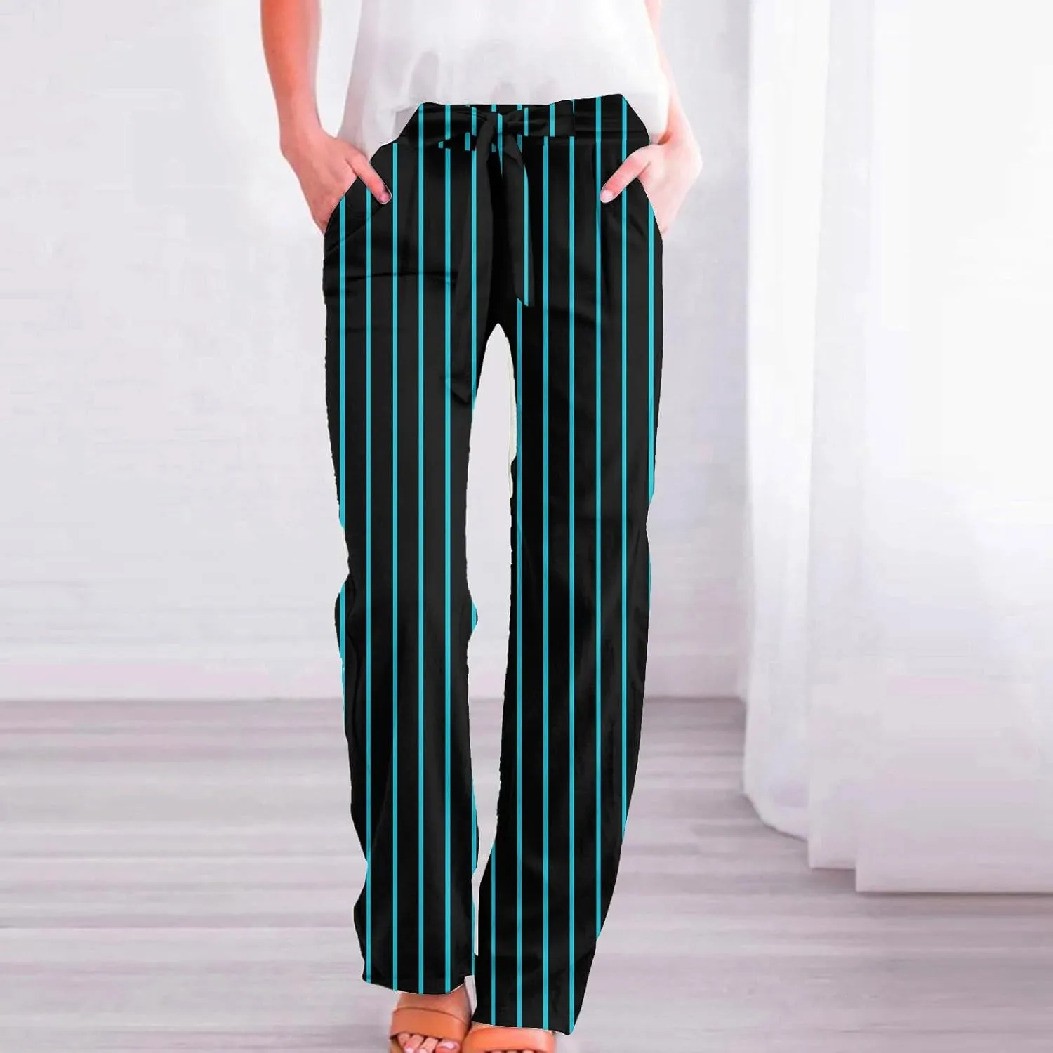 Women's Vintage Striped Print Wide Leg Palazzo Pants with Pockets Vintage Drawstring Straight Leg Lounge Trousers