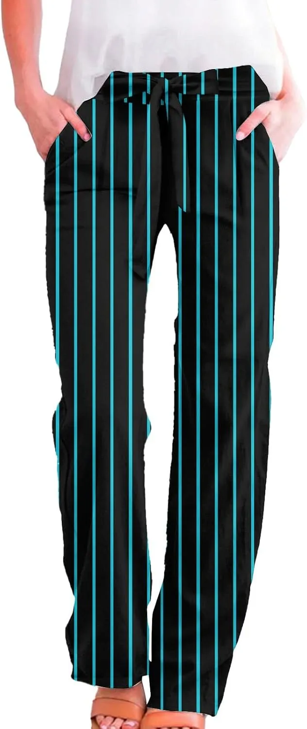 Women's Vintage Striped Print Wide Leg Palazzo Pants with Pockets Vintage Drawstring Straight Leg Lounge Trousers
