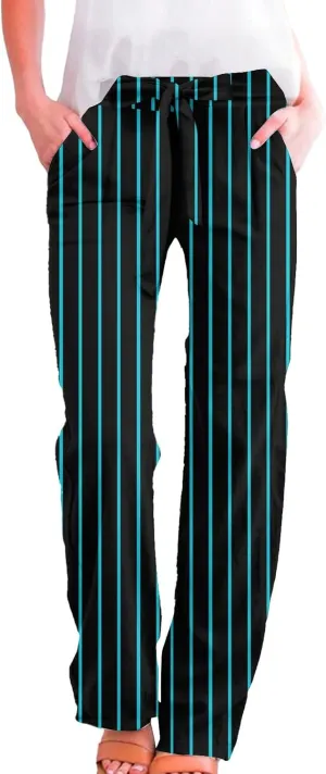 Women's Vintage Striped Print Wide Leg Palazzo Pants with Pockets Vintage Drawstring Straight Leg Lounge Trousers