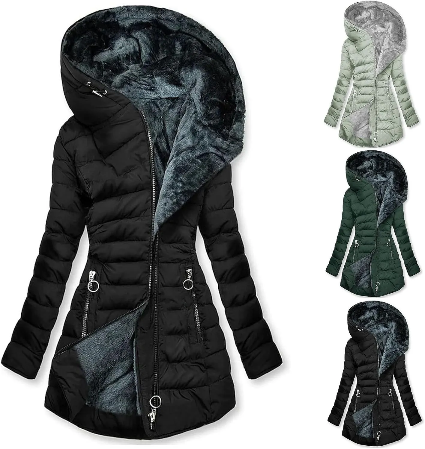 Women's Warm Winter Coat Snow Ski Jacket Fleece Lined Military Jacket Women Faux Fur Hooded Coat Puffer Down Jacket