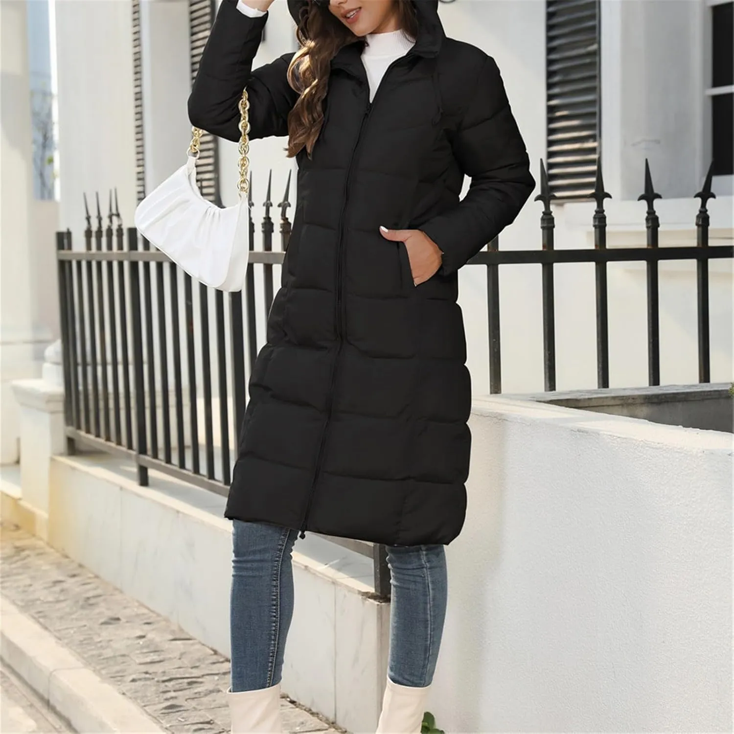 Womens Warm Winter Puffer Hooded Puffer Jacket Lightweight Winter Coat Womens sherpa Fleece Lined Long Jackets