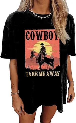 Women's Western Cowboy Shirts Vintage Rodeo Graphic Oversized Tops Country Music Tees Short Sleeve Cowgirl T-Shirt