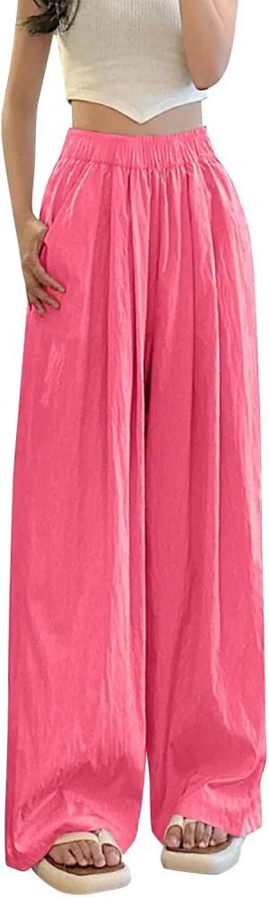 Women's Wide Leg Casual Ice Silk Wrinkled Straight Leg Satin Pants Solid Color Elastic Waist Y2K Trousers with Pocket