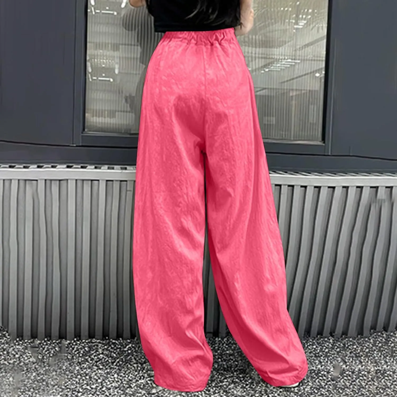 Women's Wide Leg Casual Ice Silk Wrinkled Straight Leg Satin Pants Solid Color Elastic Waist Y2K Trousers with Pocket