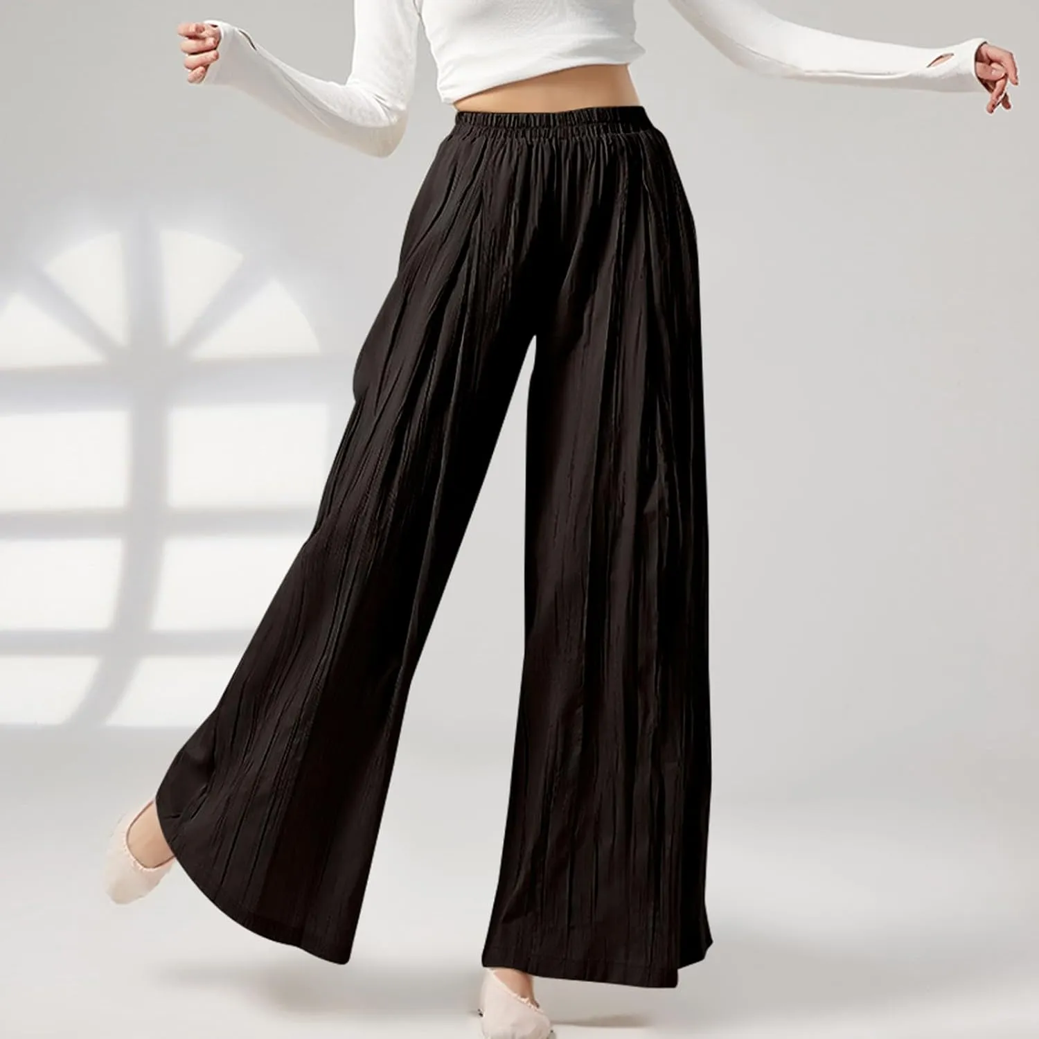 Women's Wide Leg Linen Pants Summer Casual Palazzo Baggy High Waisted Lounge Trouser with Pocket Elastic Beach Pant