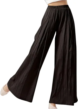 Women's Wide Leg Linen Pants Summer Casual Palazzo Baggy High Waisted Lounge Trouser with Pocket Elastic Beach Pant