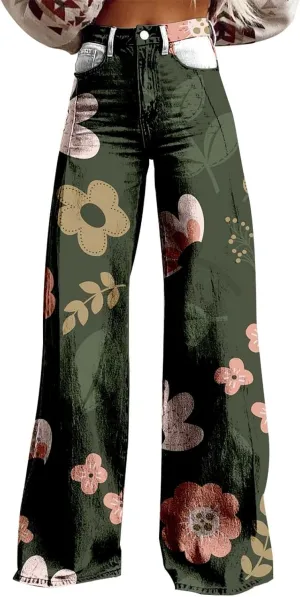Womens Wide Leg Pants Casual Loose Color Block High Waist Button Up Stretch Lounge Trousers Vintage Streetwear Pants
