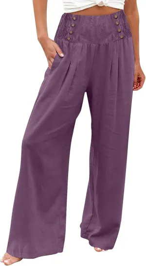 Women's Wide Leg Pants Elastic Waisted Palazzo Pants Casual Yoga Pants Business Casual Long Trousers with Pockets