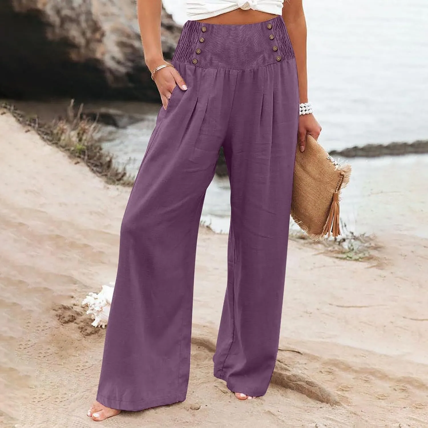 Women's Wide Leg Pants Elastic Waisted Palazzo Pants Casual Yoga Pants Business Casual Long Trousers with Pockets