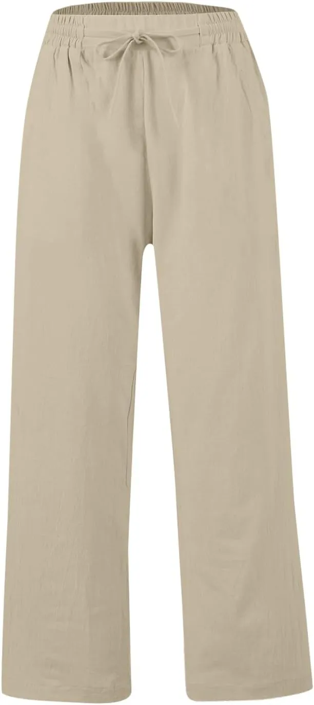 Womens Wide Leg Pants Linen 2025 Beach Summer Drawstring Elastic Waist Pants High Rise with Pocket Comfy Solid Trouser