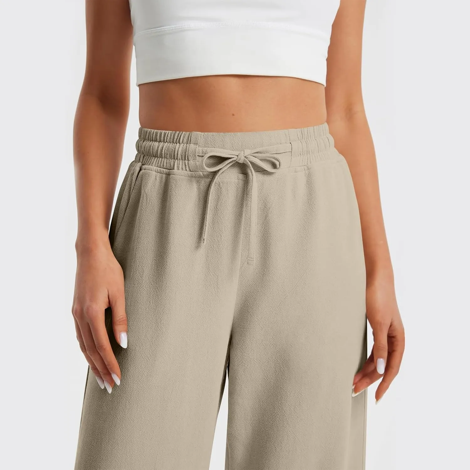 Womens Wide Leg Pants Linen 2025 Beach Summer Drawstring Elastic Waist Pants High Rise with Pocket Comfy Solid Trouser