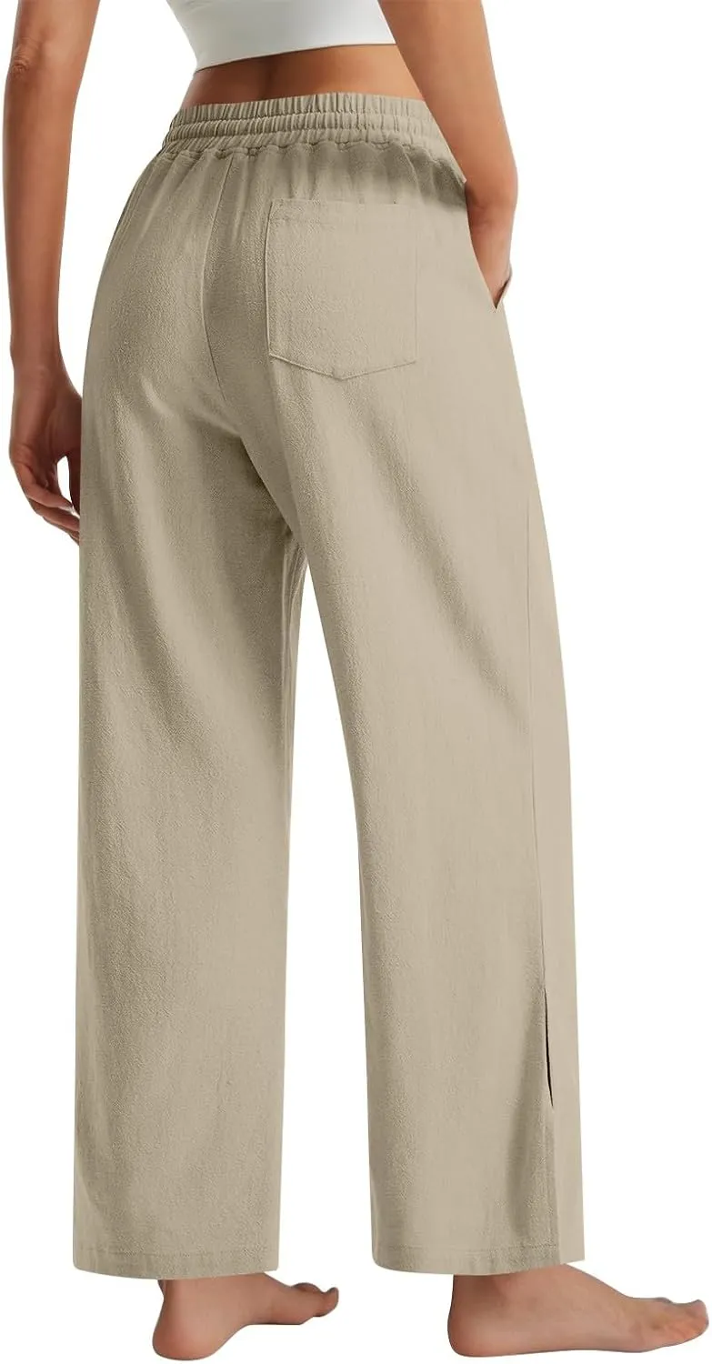 Womens Wide Leg Pants Linen 2025 Beach Summer Drawstring Elastic Waist Pants High Rise with Pocket Comfy Solid Trouser