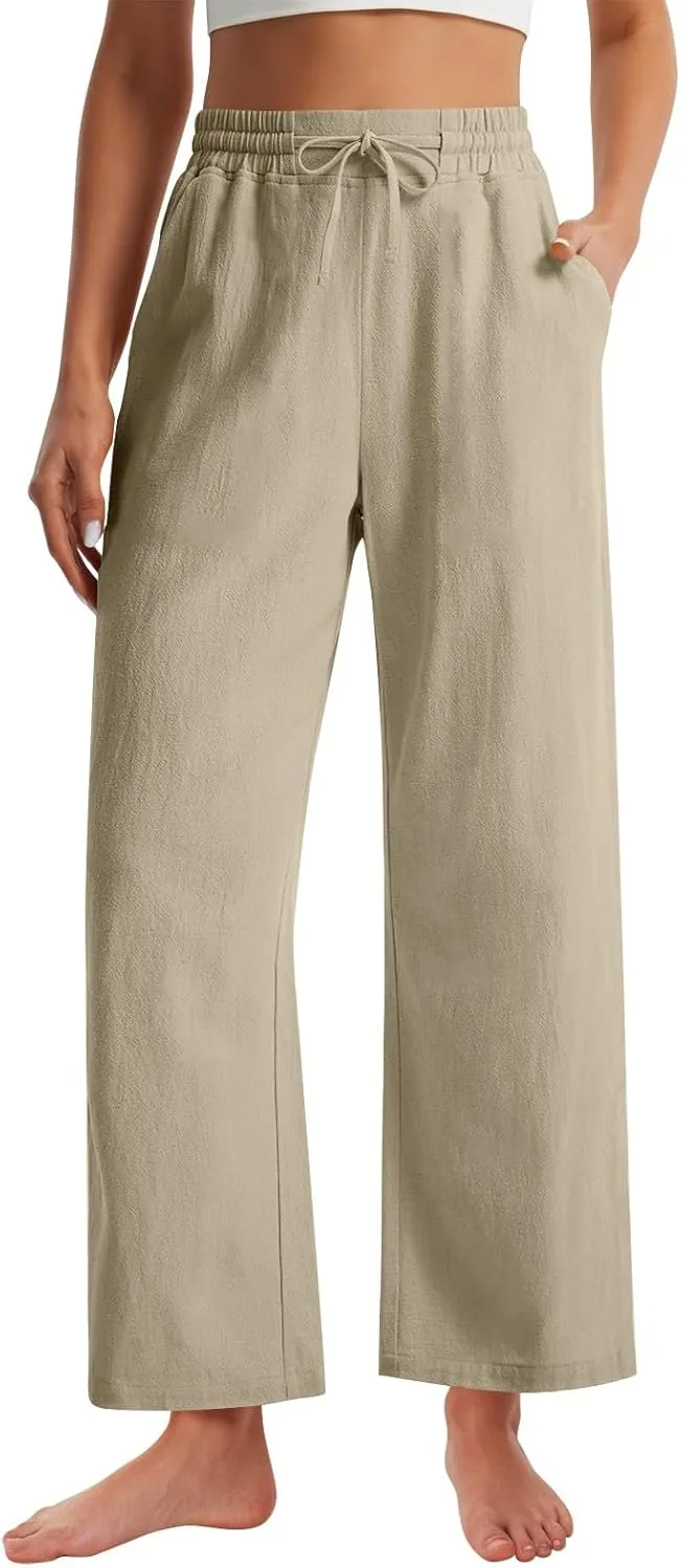 Womens Wide Leg Pants Linen 2025 Beach Summer Drawstring Elastic Waist Pants High Rise with Pocket Comfy Solid Trouser