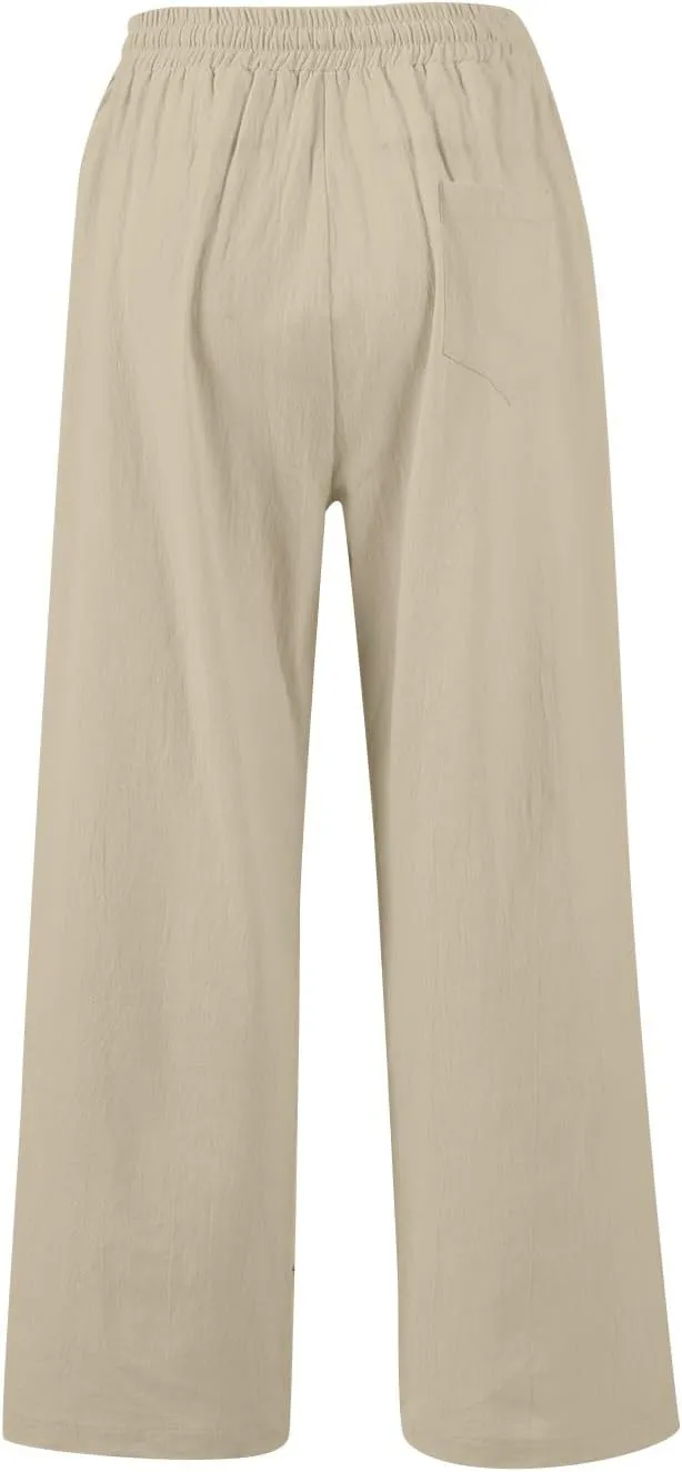 Womens Wide Leg Pants Linen 2025 Beach Summer Drawstring Elastic Waist Pants High Rise with Pocket Comfy Solid Trouser