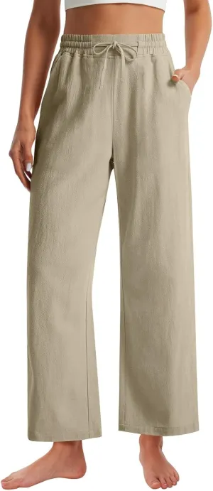 Womens Wide Leg Pants Linen 2025 Beach Summer Drawstring Elastic Waist Pants High Rise with Pocket Comfy Solid Trouser