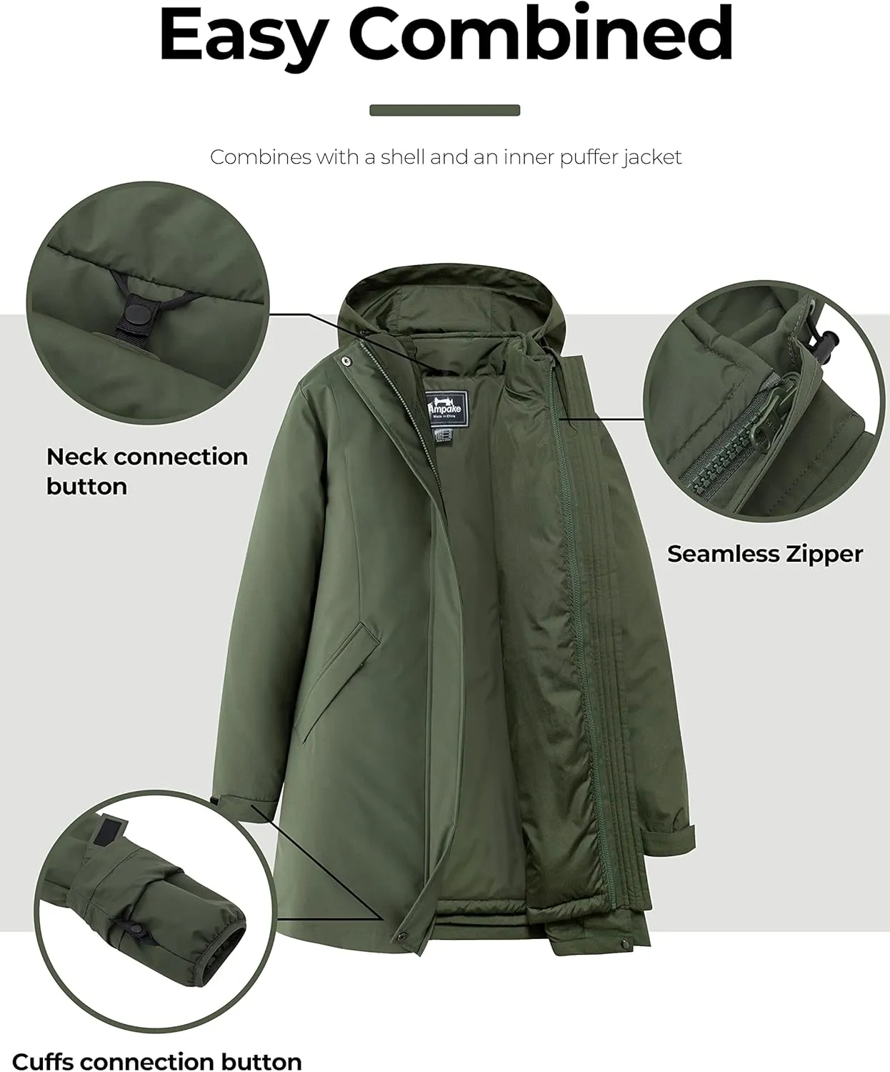 Women's Winter 3 in 1 Parka Coat Warm Puffer Liner Jacket with Detachable Hood