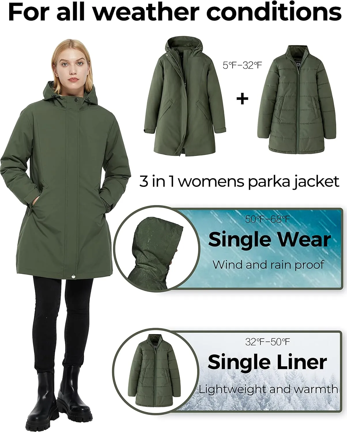 Women's Winter 3 in 1 Parka Coat Warm Puffer Liner Jacket with Detachable Hood