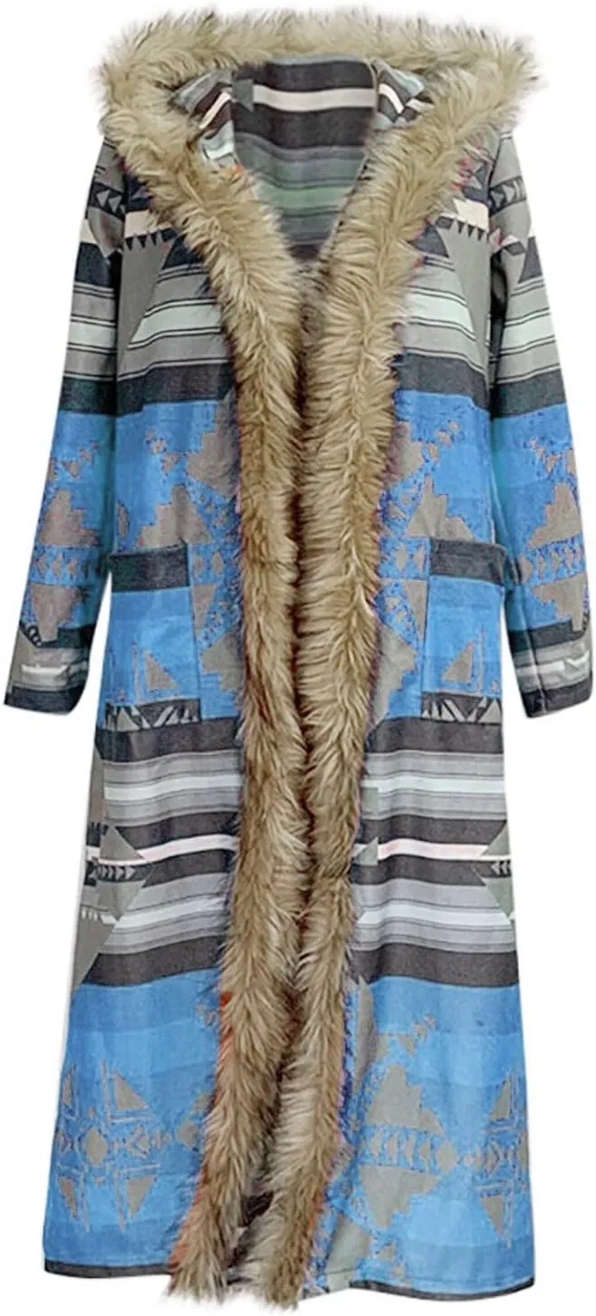 Women's Winter Long Jacket Open Front Coat Cardigan Vintage Western Coats Faux Fur Trim Parka Outerwear with Pockets