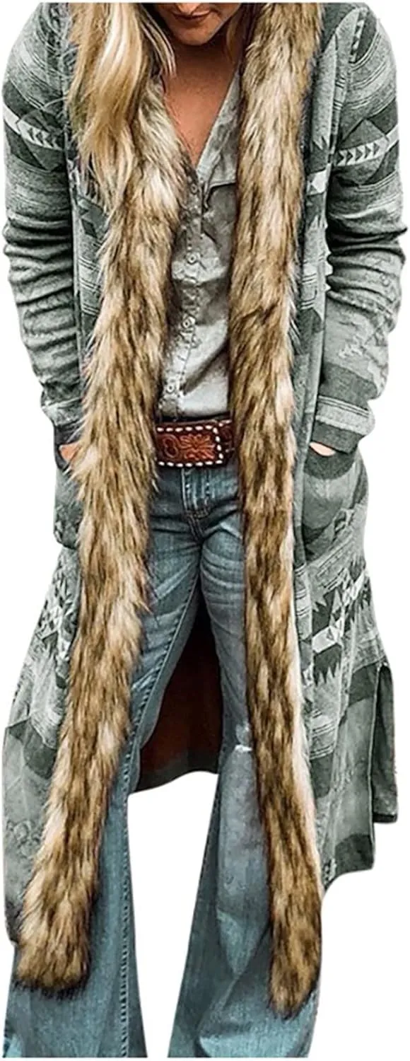 Women's Winter Long Jacket Open Front Coat Cardigan Vintage Western Coats Faux Fur Trim Parka Outerwear with Pockets