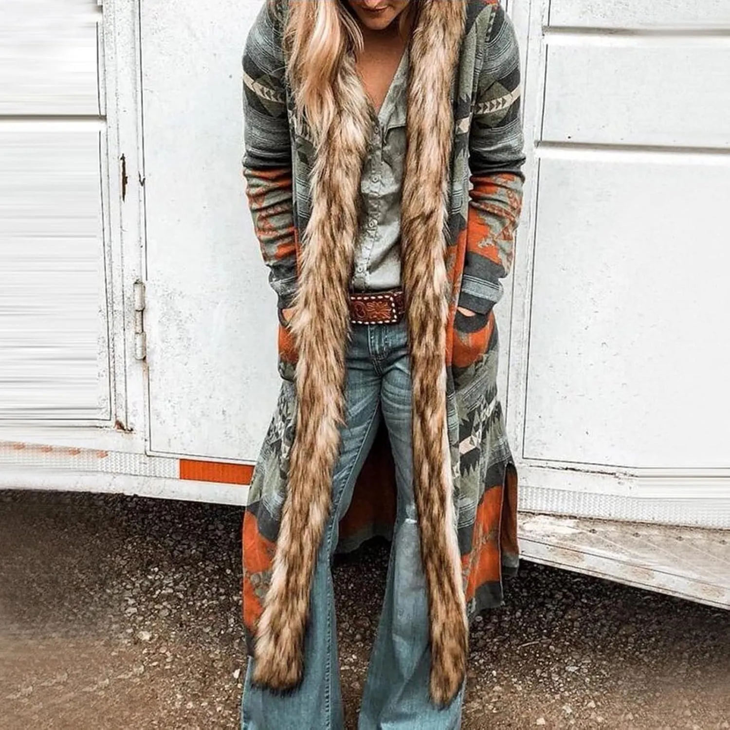 Women's Winter Long Jacket Open Front Coat Cardigan Vintage Western Coats Faux Fur Trim Parka Outerwear with Pockets