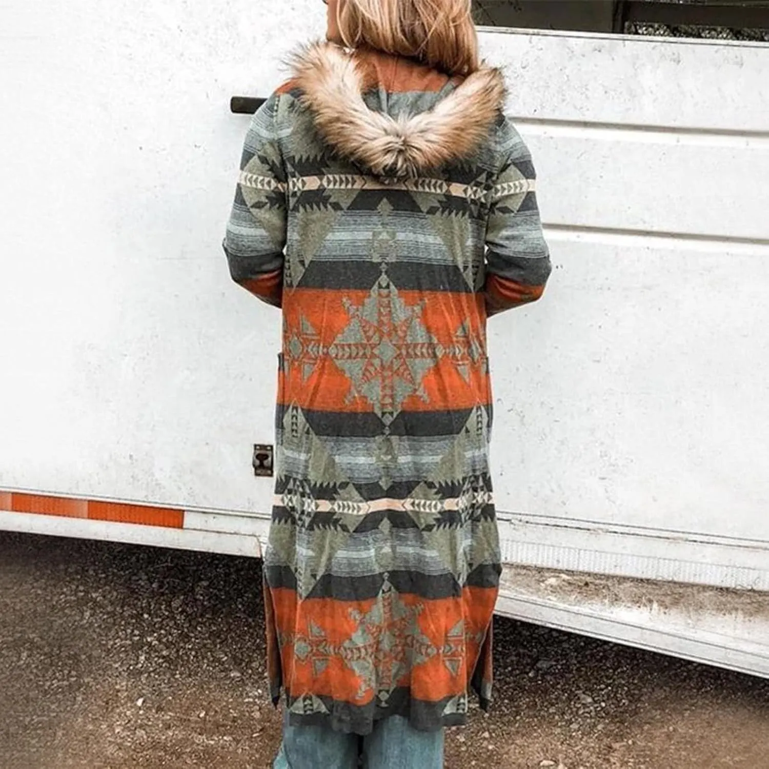 Women's Winter Long Jacket Open Front Coat Cardigan Vintage Western Coats Faux Fur Trim Parka Outerwear with Pockets