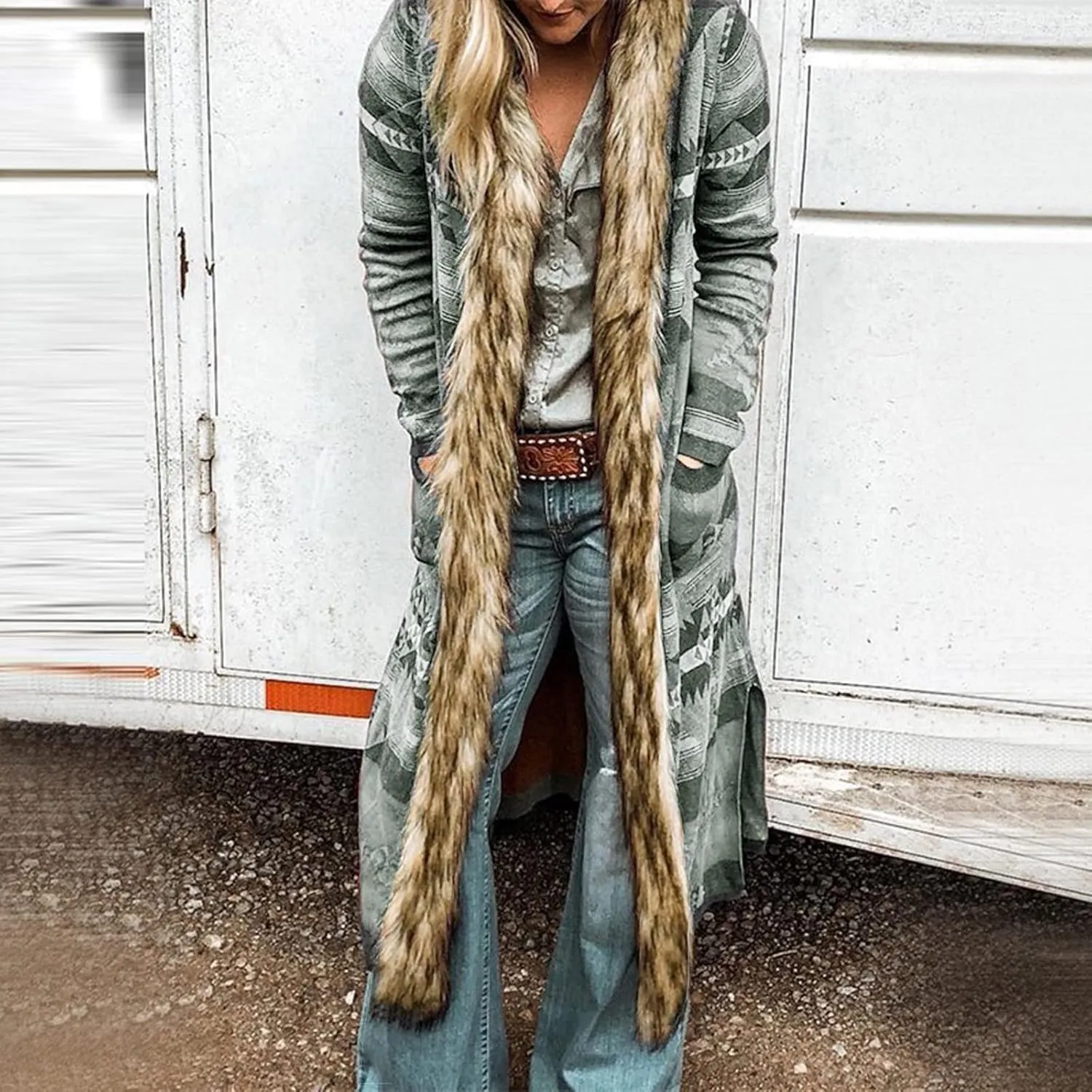 Women's Winter Long Jacket Open Front Coat Cardigan Vintage Western Coats Faux Fur Trim Parka Outerwear with Pockets