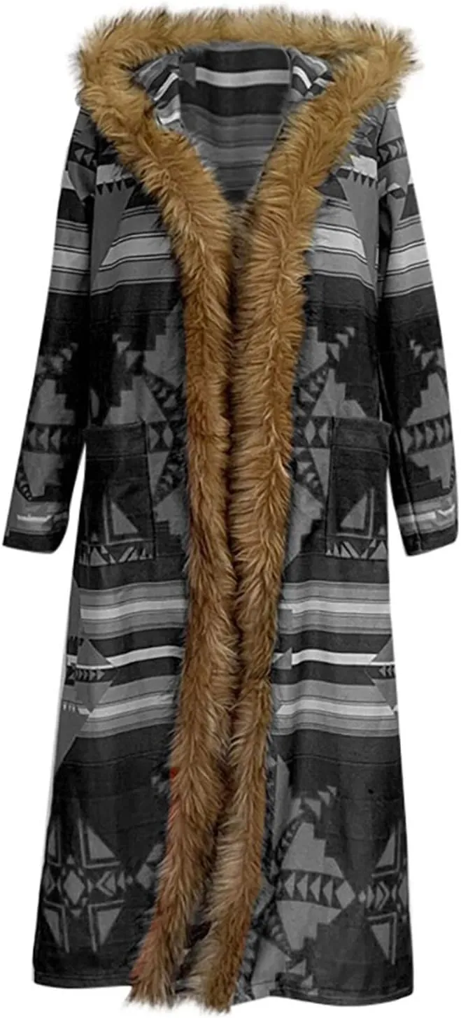 Women's Winter Long Jacket Open Front Coat Cardigan Vintage Western Coats Faux Fur Trim Parka Outerwear with Pockets