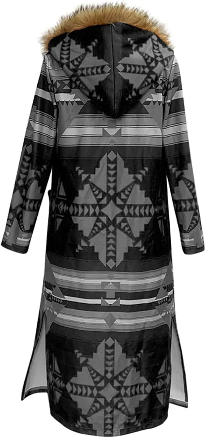 Women's Winter Long Jacket Open Front Coat Cardigan Vintage Western Coats Faux Fur Trim Parka Outerwear with Pockets