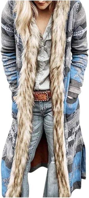 Women's Winter Long Jacket Open Front Coat Cardigan Vintage Western Coats Faux Fur Trim Parka Outerwear with Pockets