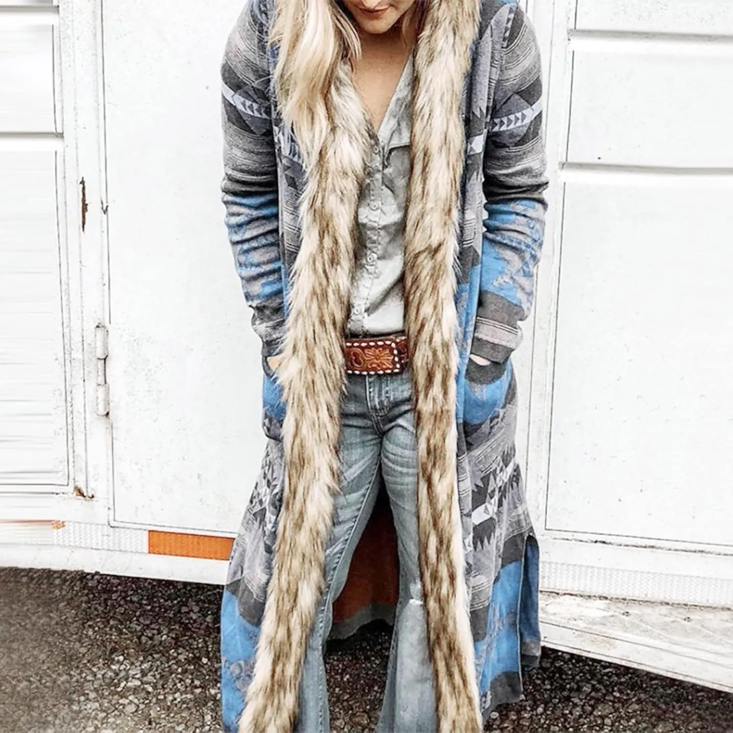 Women's Winter Long Jacket Open Front Coat Cardigan Vintage Western Coats Faux Fur Trim Parka Outerwear with Pockets