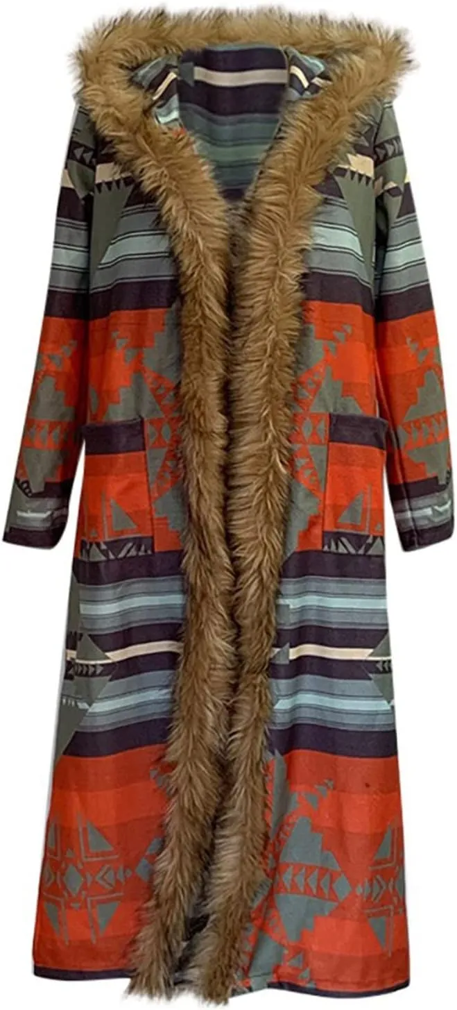 Women's Winter Long Jacket Open Front Coat Cardigan Vintage Western Coats Faux Fur Trim Parka Outerwear with Pockets