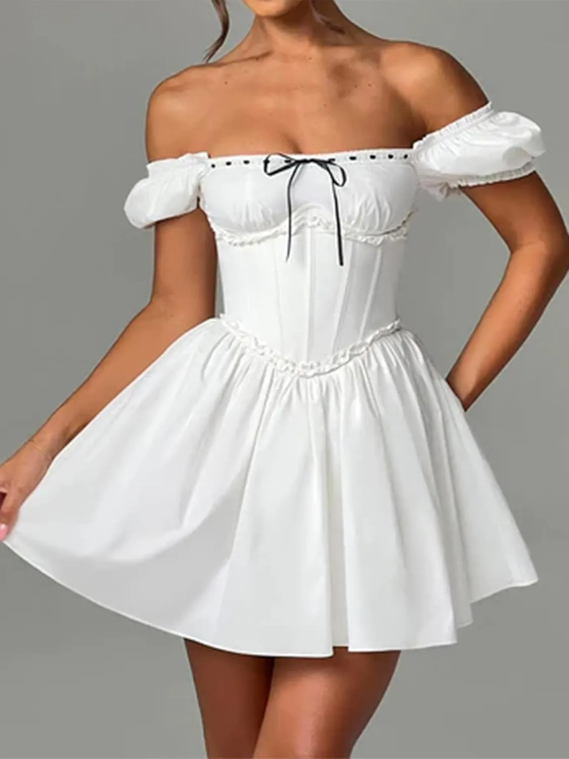Women's Y2k Summer Flowy Short Dress Sleeveless Spaghetti Strap Backless Low Cut Ruffle Hem Mini Corset Dress