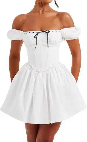 Women's Y2k Summer Flowy Short Dress Sleeveless Spaghetti Strap Backless Low Cut Ruffle Hem Mini Corset Dress