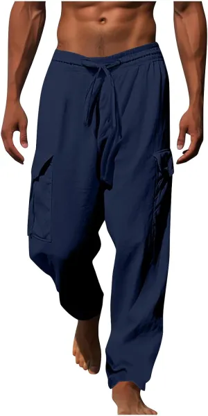 Work Pants for Men Elastic Wasist Drawstring Lightweight Summer Beach Pants Baggy Soft Wide Leg Pants with Pockets