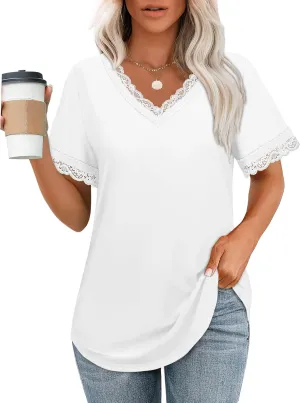 XIEERDUO V Neck T Shirts for Women Lace Sleeve Ladies Tops and Blouses Summer Outfits Basic Tee