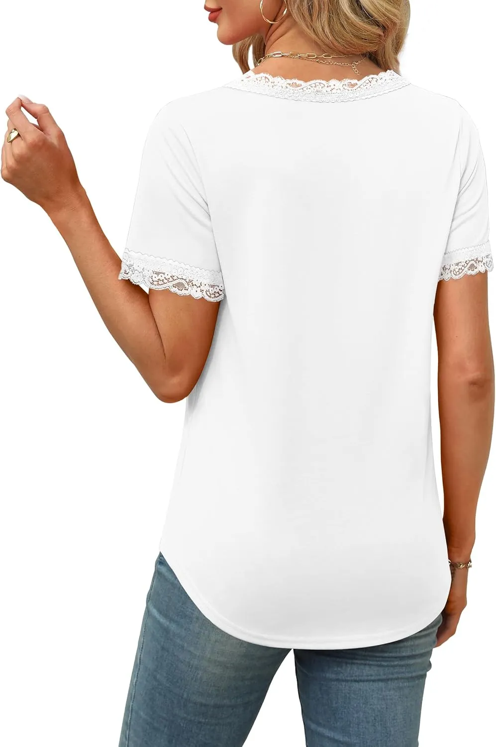 XIEERDUO V Neck T Shirts for Women Lace Sleeve Ladies Tops and Blouses Summer Outfits Basic Tee