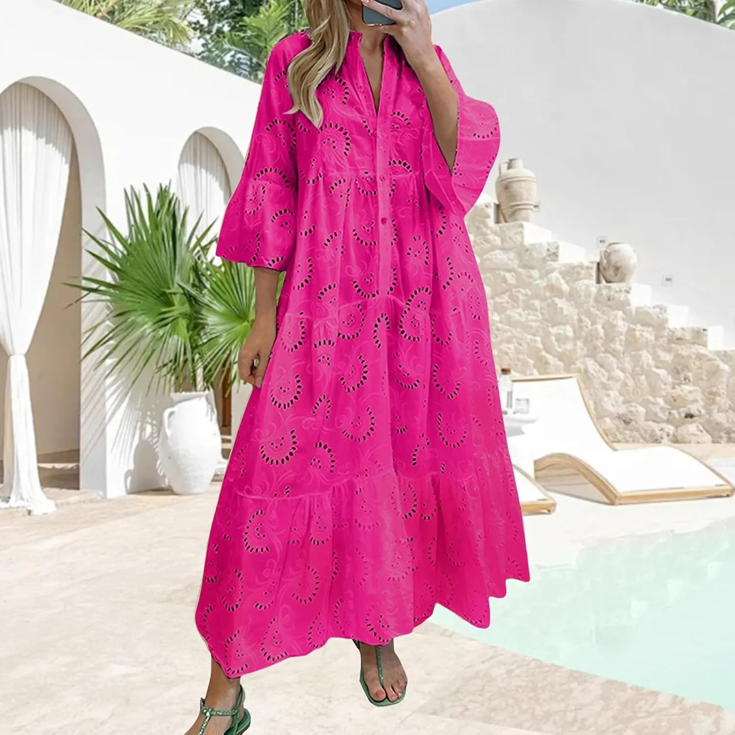 XOWRTE Summer Dresses for Women 2025,Plus Size Casual Cute Babydoll Dress,Tiered Ruffle Flowy Boho Beach Sundress Hollow Out