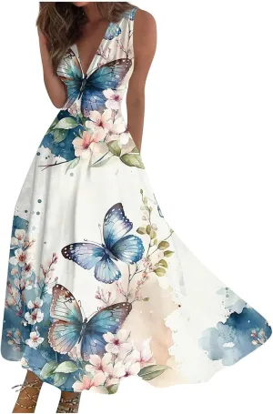 Yesunpxs Dresses for Women 2024 Wrap V Neck Flowy Ruched Maxi Dress Sleeveless Floral Printed Beach Dresses Boho Sundresses