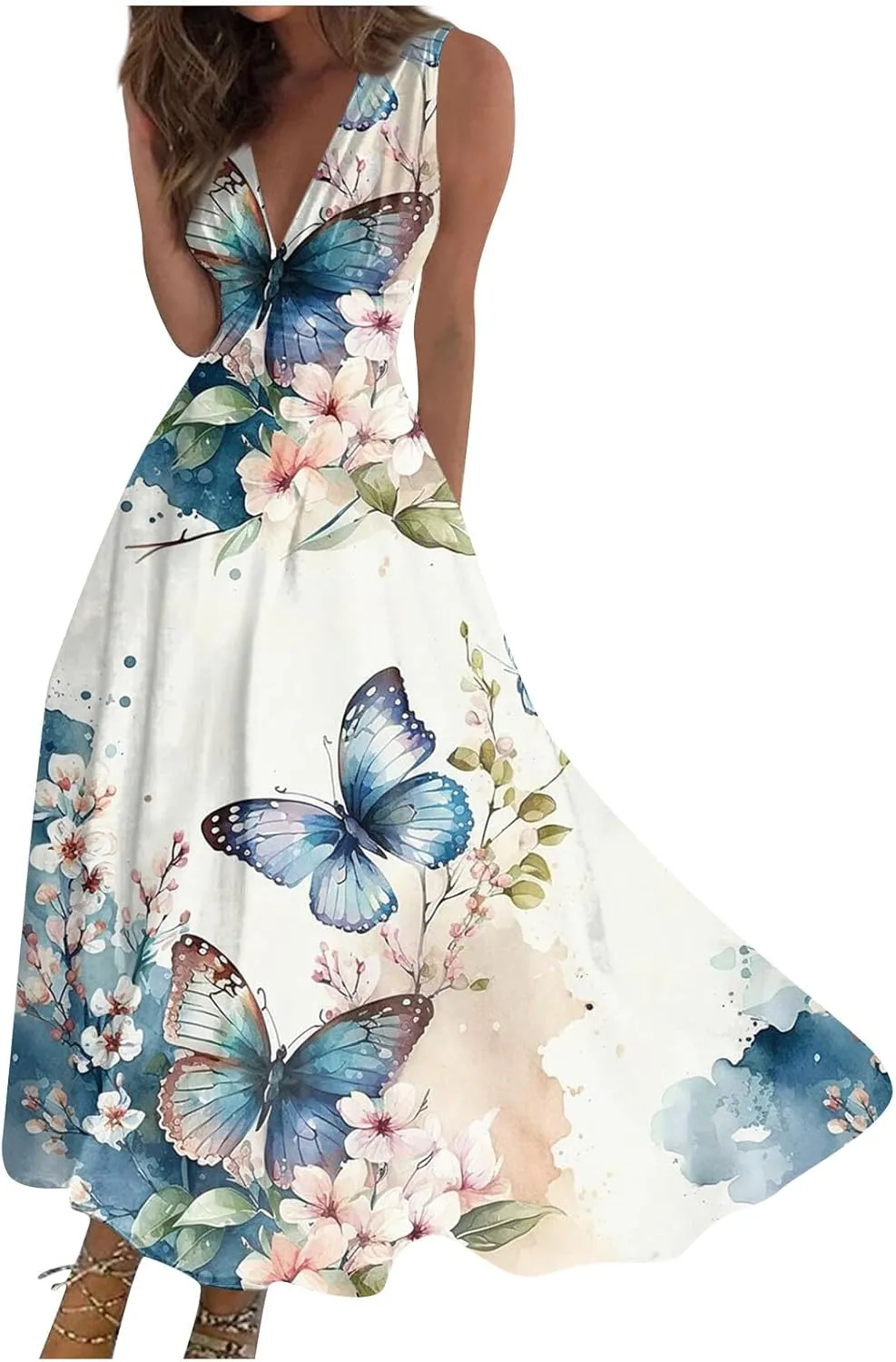 Yesunpxs Dresses for Women 2024 Wrap V Neck Flowy Ruched Maxi Dress Sleeveless Floral Printed Beach Dresses Boho Sundresses