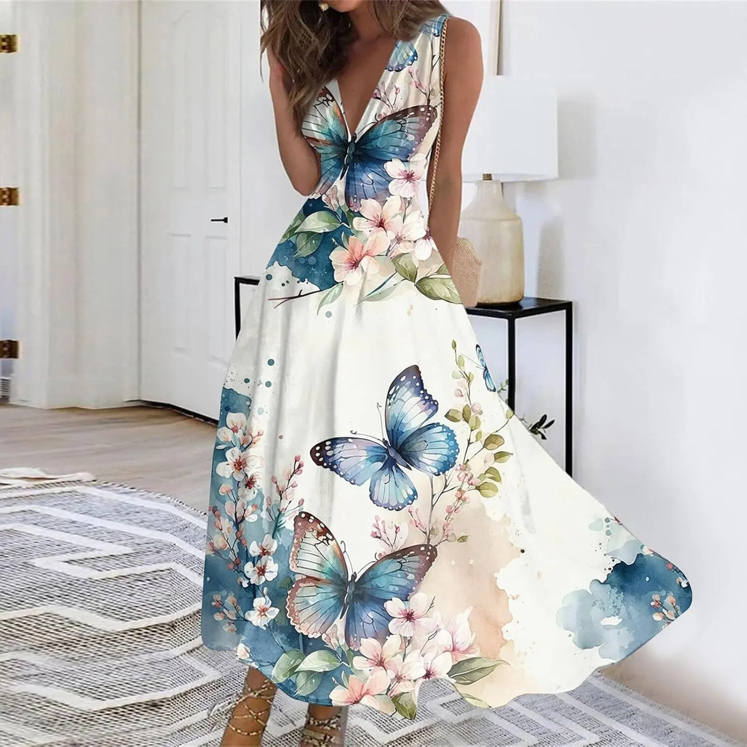 Yesunpxs Dresses for Women 2024 Wrap V Neck Flowy Ruched Maxi Dress Sleeveless Floral Printed Beach Dresses Boho Sundresses