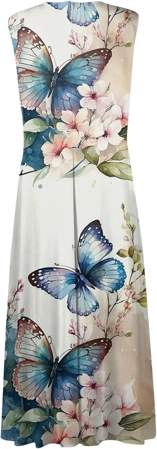 Yesunpxs Dresses for Women 2024 Wrap V Neck Flowy Ruched Maxi Dress Sleeveless Floral Printed Beach Dresses Boho Sundresses