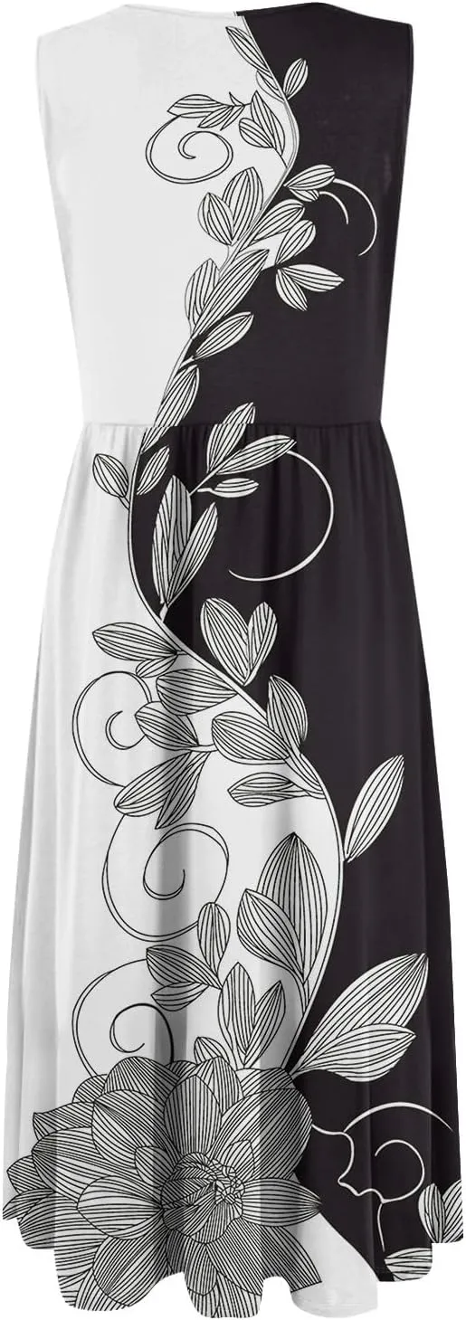 Yesunpxs Summer Dresses for Women Beach Tank Dresses Flowy Floral A-Line Sundresses Casual Sleeveless Mid Dress with Pockets