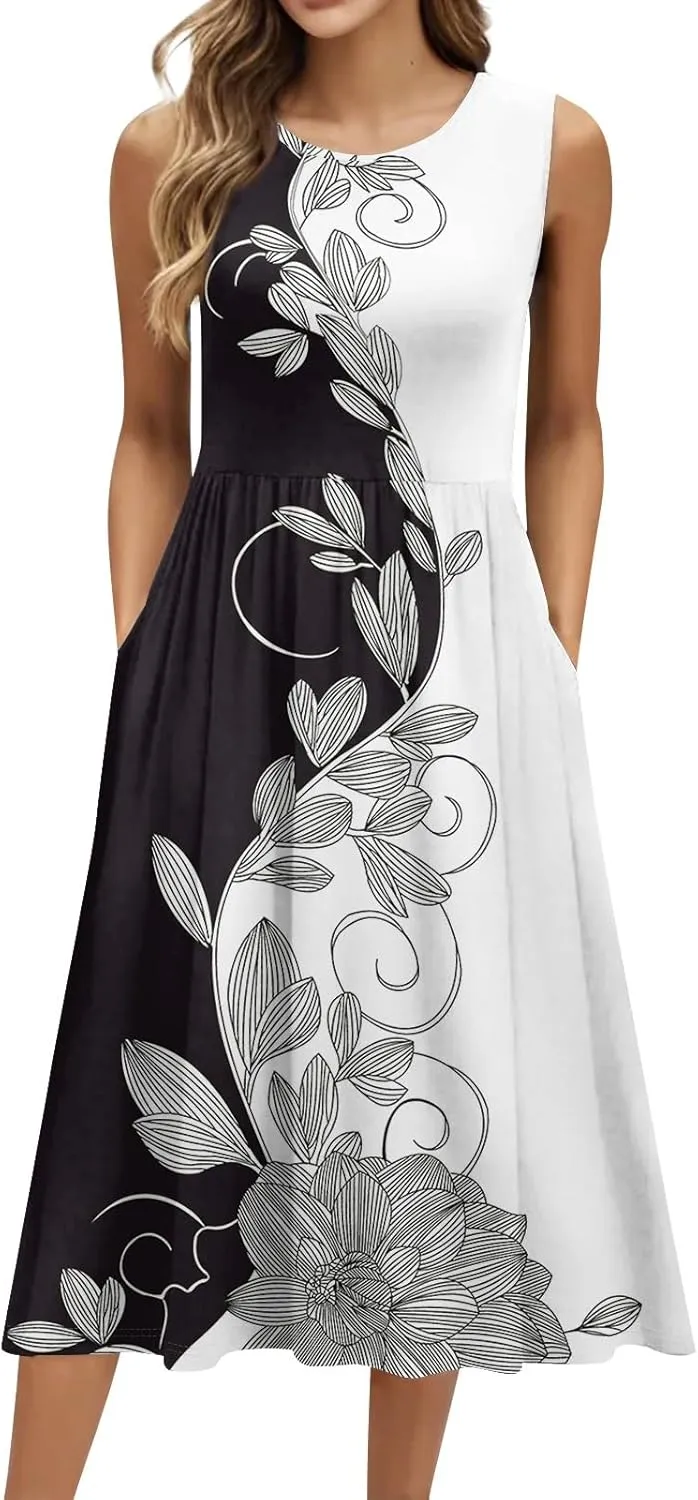 Yesunpxs Summer Dresses for Women Beach Tank Dresses Flowy Floral A-Line Sundresses Casual Sleeveless Mid Dress with Pockets