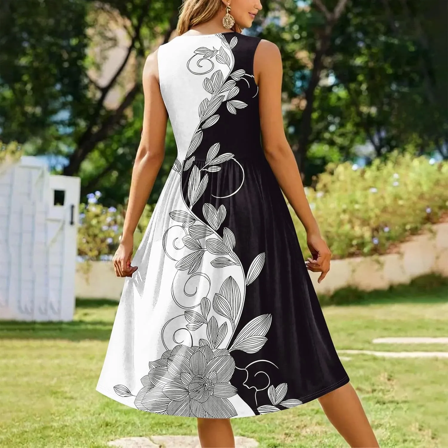 Yesunpxs Summer Dresses for Women Beach Tank Dresses Flowy Floral A-Line Sundresses Casual Sleeveless Mid Dress with Pockets