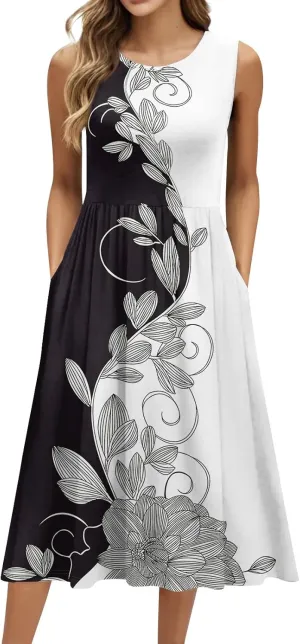Yesunpxs Summer Dresses for Women Beach Tank Dresses Flowy Floral A-Line Sundresses Casual Sleeveless Mid Dress with Pockets