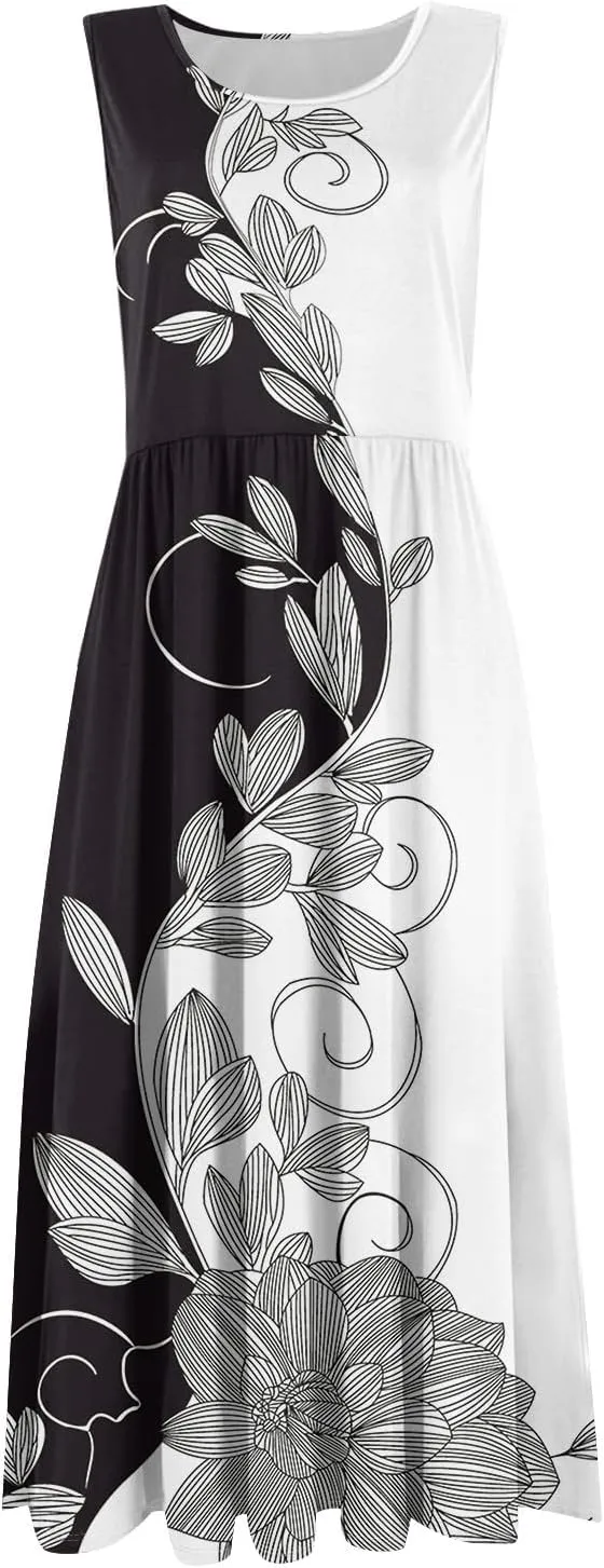 Yesunpxs Summer Dresses for Women Beach Tank Dresses Flowy Floral A-Line Sundresses Casual Sleeveless Mid Dress with Pockets