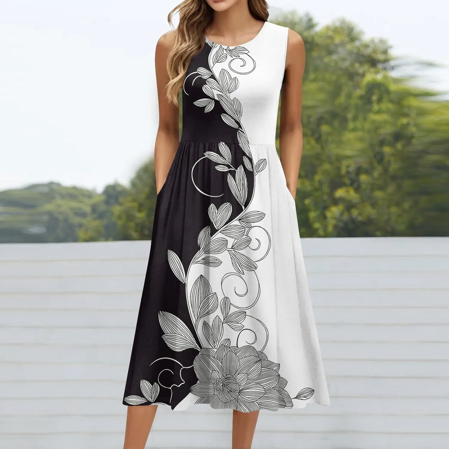 Yesunpxs Summer Dresses for Women Beach Tank Dresses Flowy Floral A-Line Sundresses Casual Sleeveless Mid Dress with Pockets