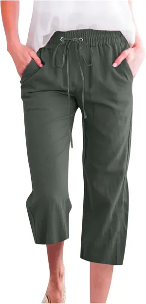YRAETENM Capri Linen Pants for Women Summer Drawstring Elastic High Waist Lounge Pants Straight Wide Leg Cropped Trouser
