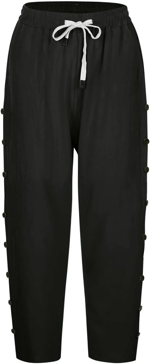 YRAETENM Linen Capris for Women Sumemr Drawstring High Waist Straight Leg Trousers Comfy Side Button Capri Pants with Pockets